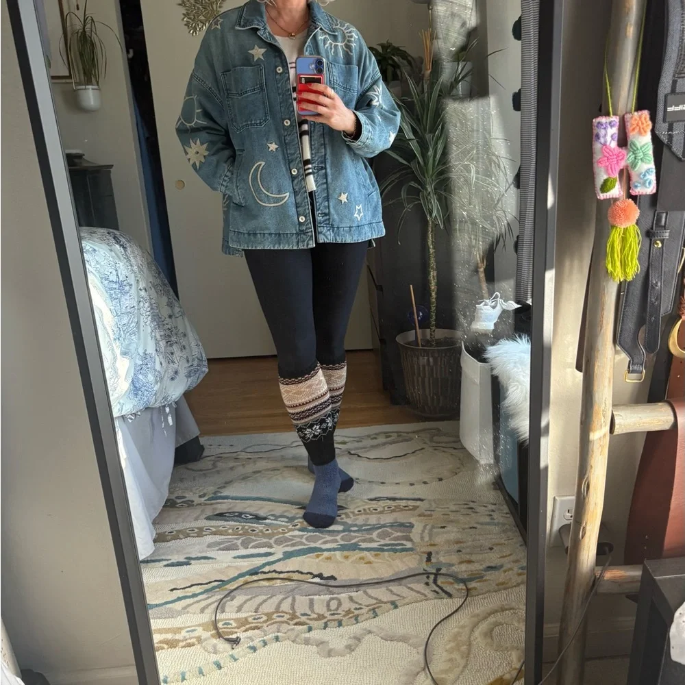 We The Free Blue Jean Jacket with Beige Embroidery like new - Picture 2 of 4